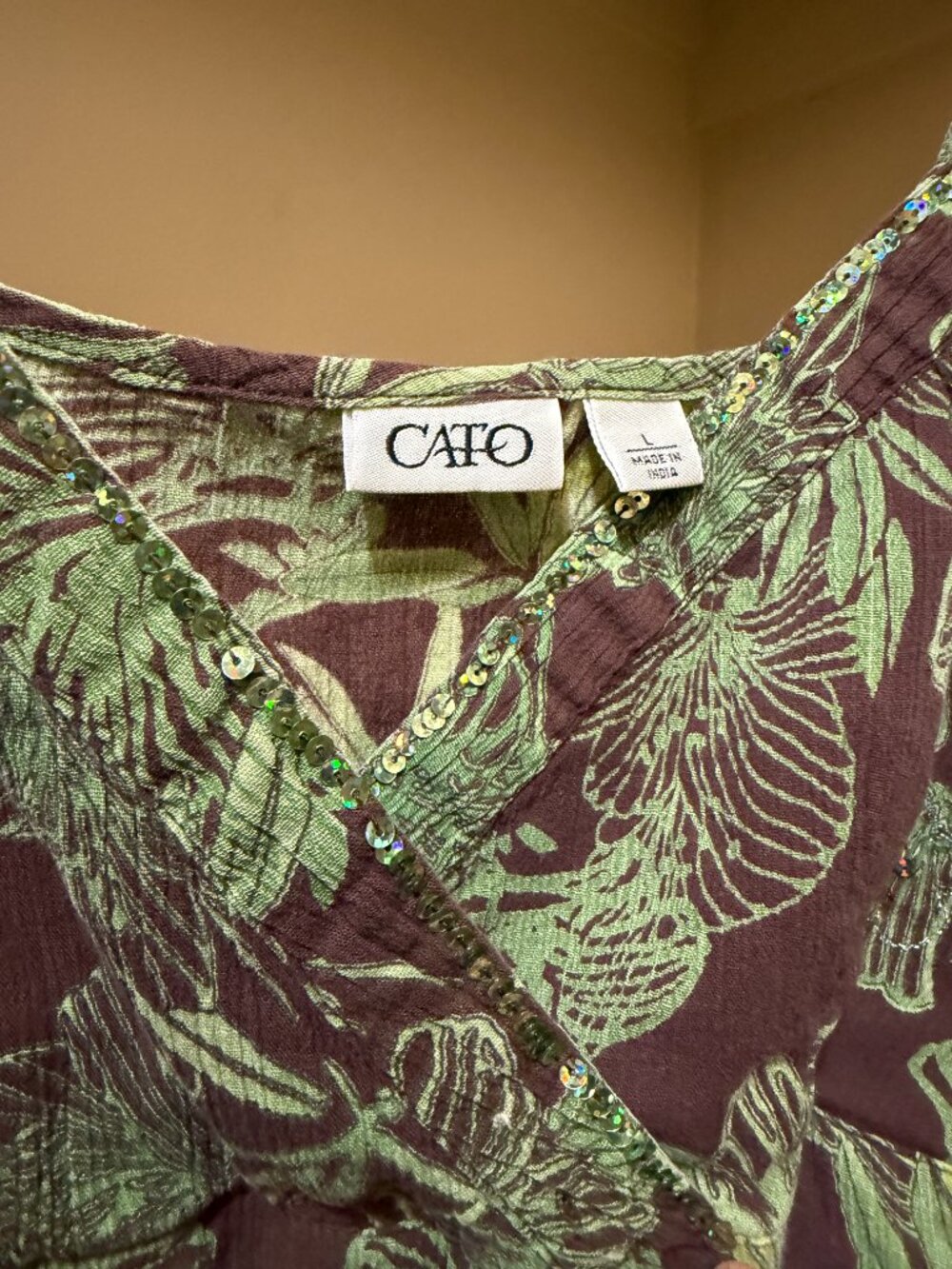 Y2K Cato Brown Green Floral Sequin Empire Waist Tank Top L - Picture 3 of 10